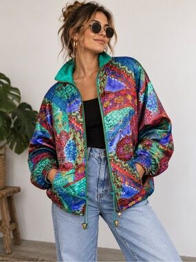 Vintage 80s Lavon Patchwork Windbreaker Jacket Colorful Maximalist Medium